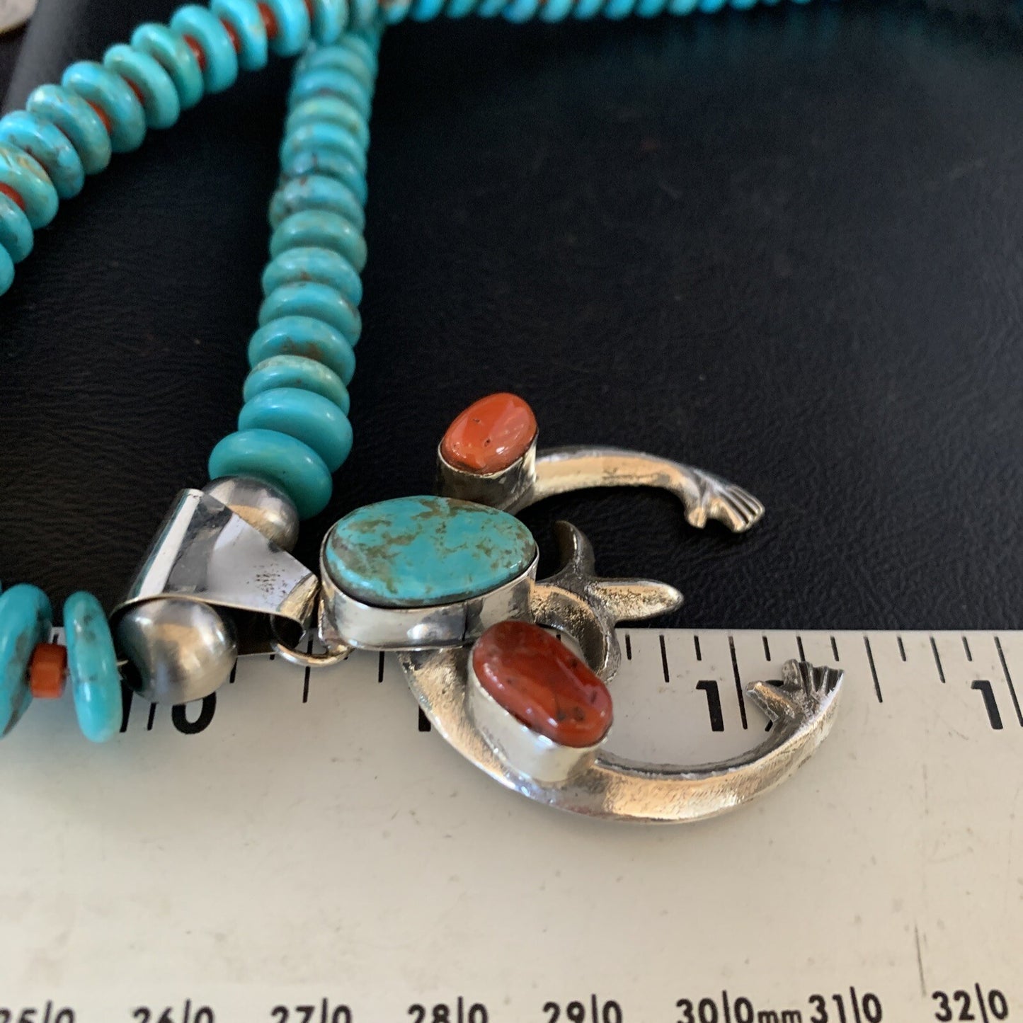 Royston Navajo Sterling Silver Blue Turquoise Coral Necklace Naja Pendant 13745