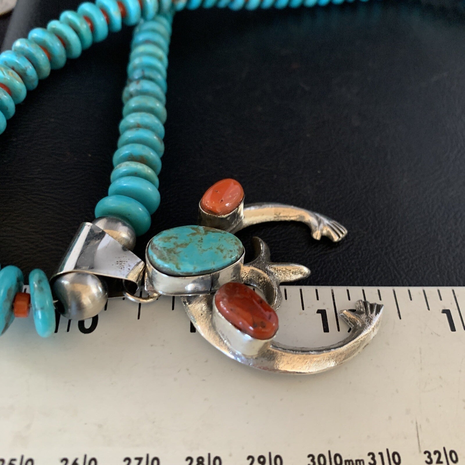 Royston Navajo Sterling Silver Blue Turquoise Coral Necklace Naja Pendant 13745