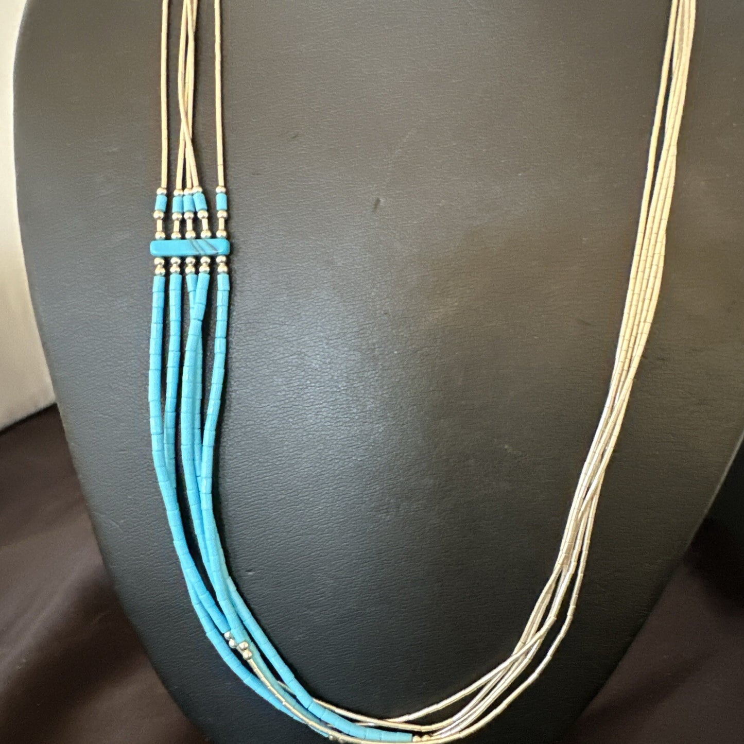 Blue Turquoise 5 Strand Heishi Liquid Sterling Silver Necklace 17854