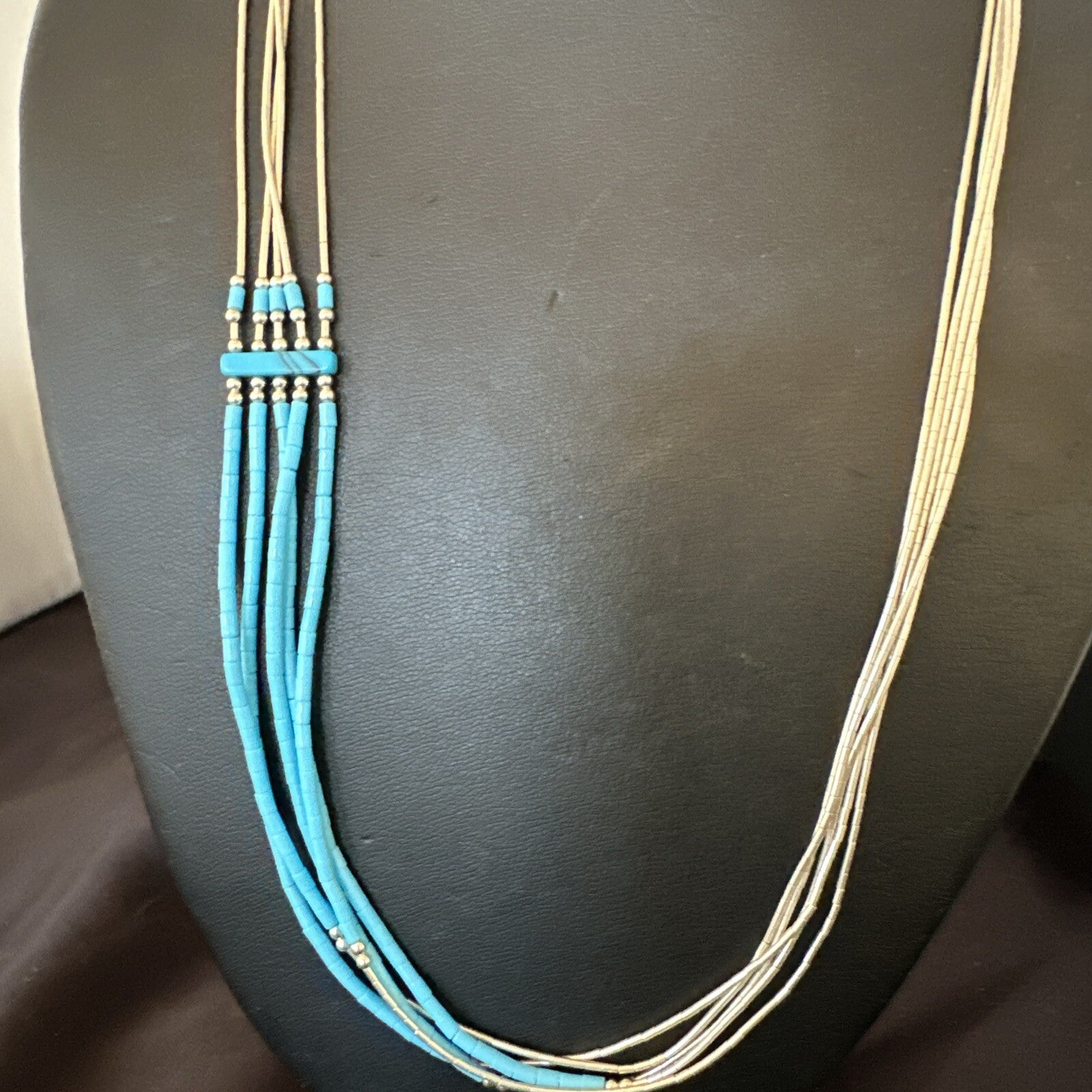 Blue Turquoise 5 Strand Heishi Liquid Sterling Silver Necklace 17854