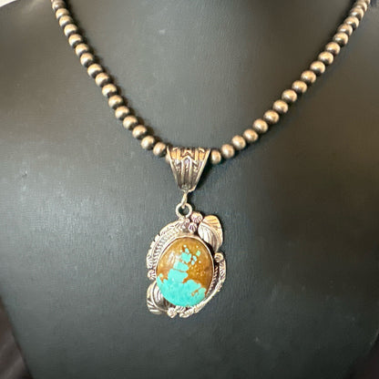 Mens Blue Turquoise#8 Pendant Navajo Sterling Silver Necklace 18085