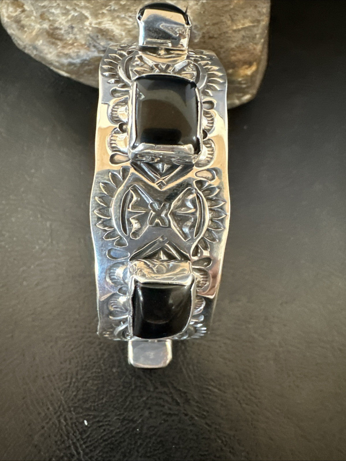 Mens Womens Navajo Sterling Silver Black Onyx Cluster Cuff Bracelet 7.5" 19432