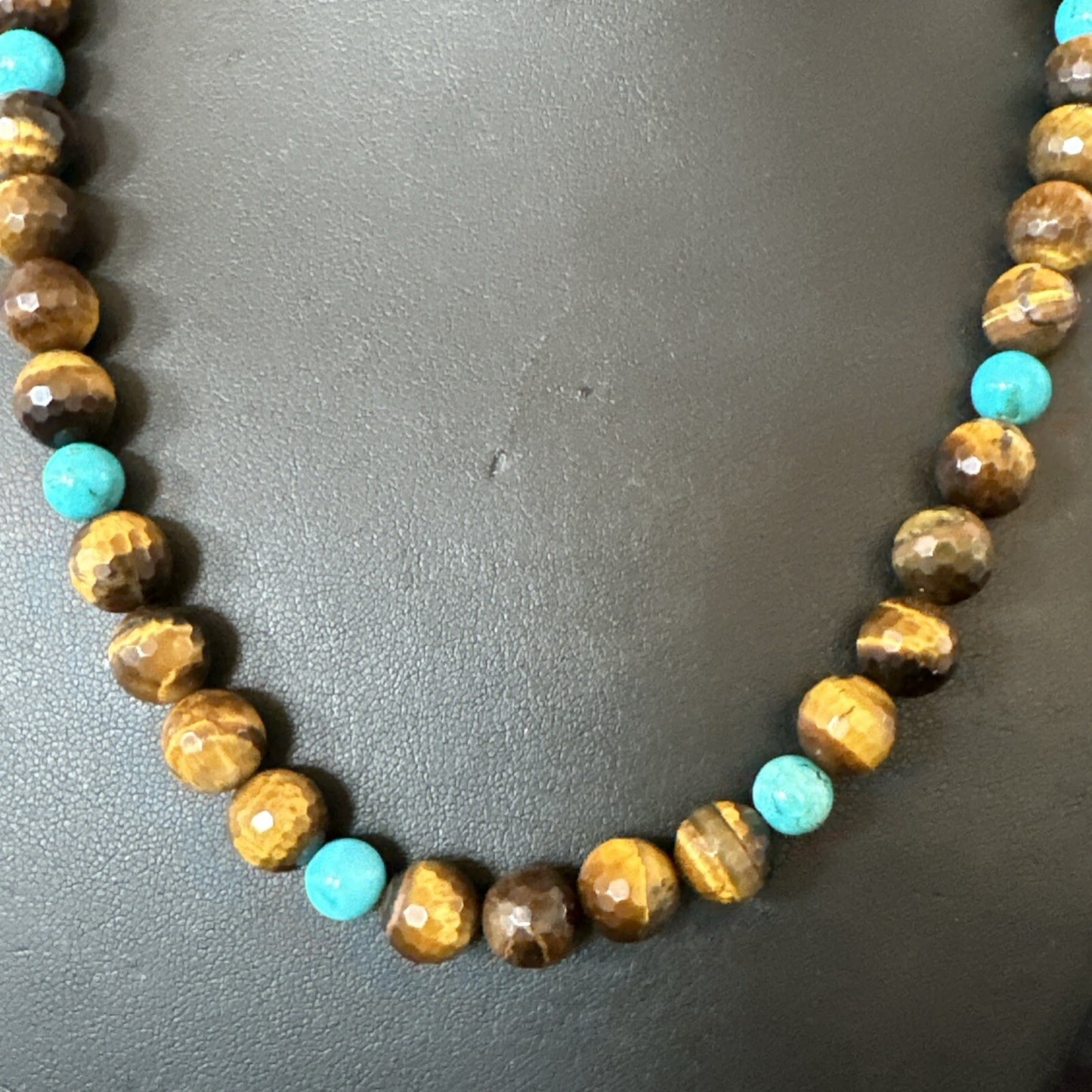 WoMens Tiger Eye Blue Turquoise  Sterling Silver Beads Necklace 19” 18169