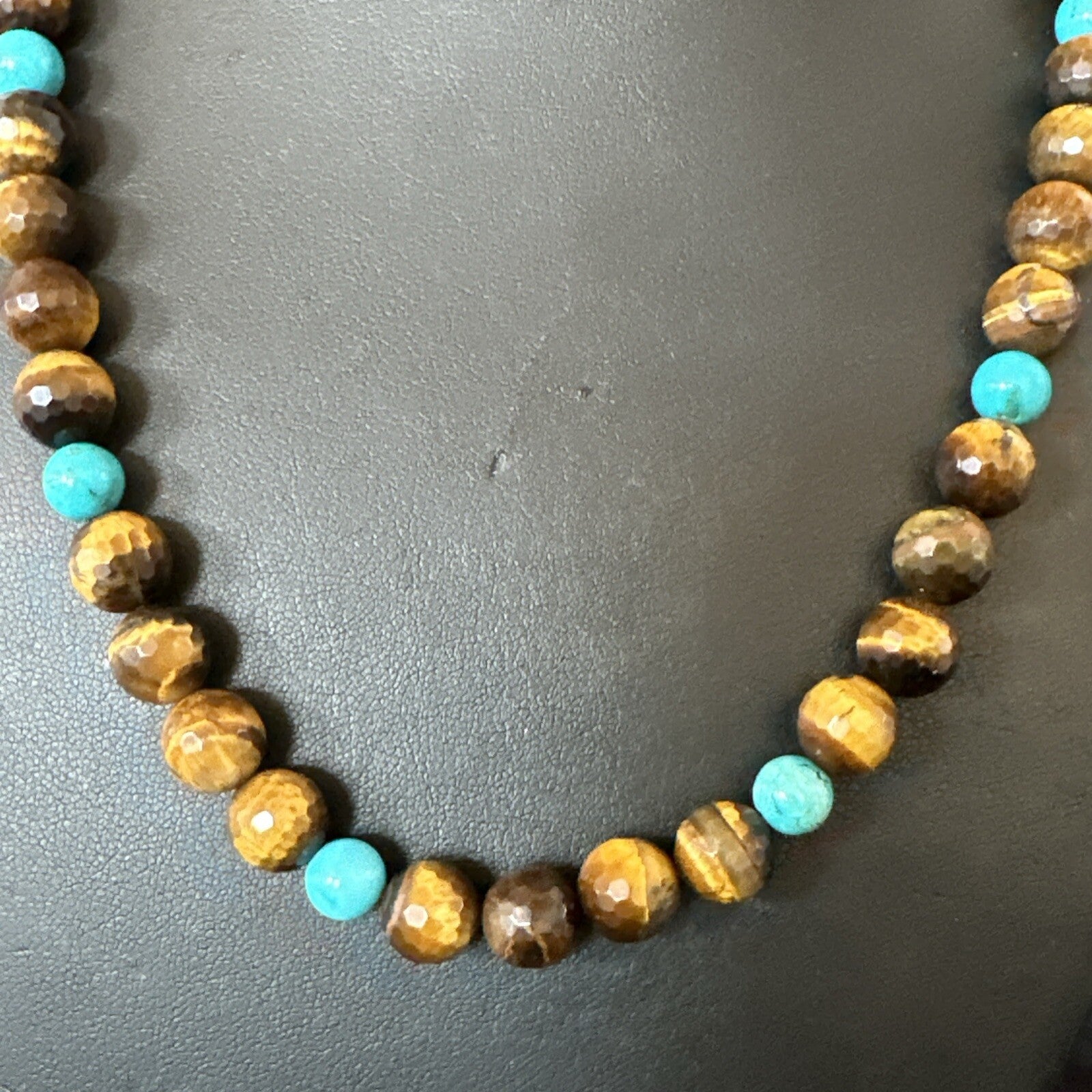 WoMens Tiger Eye Blue Turquoise  Sterling Silver Beads Necklace 19” 18169