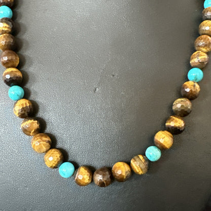 WoMens Tiger Eye Blue Turquoise  Sterling Silver Beads Necklace 19” 18169