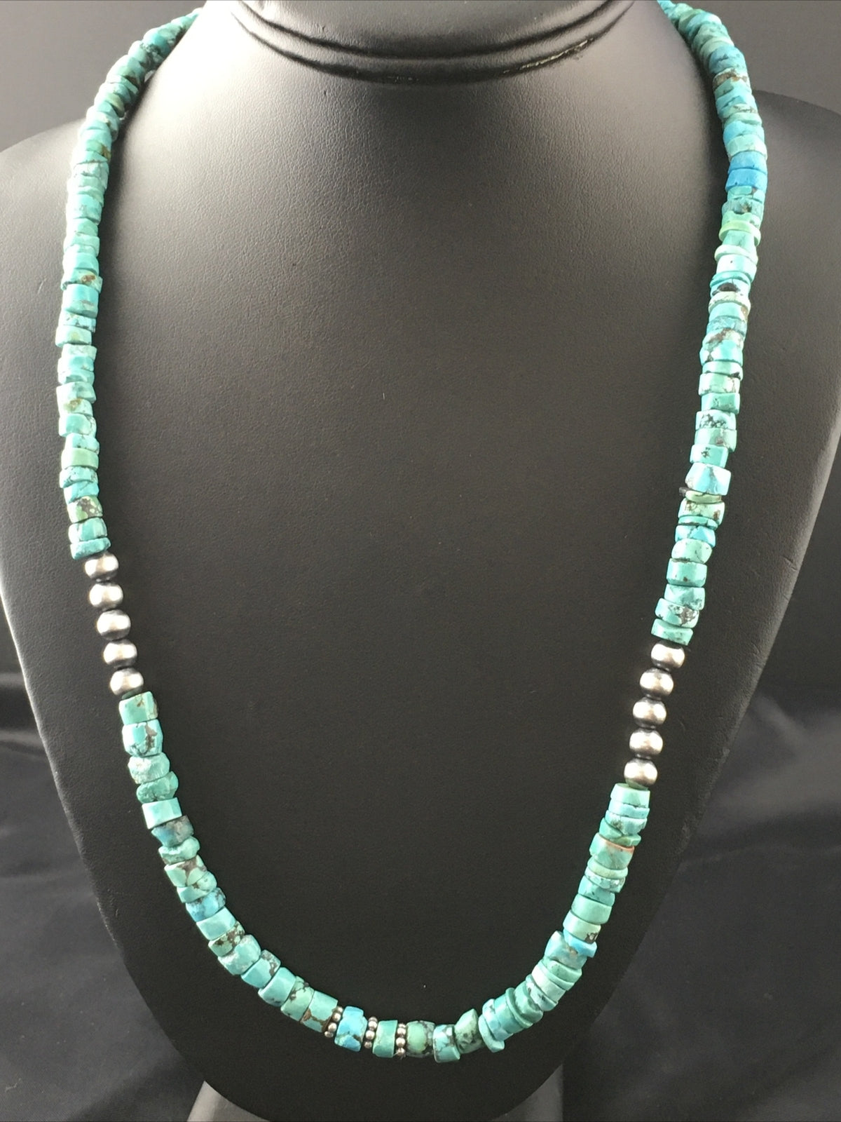 Blue Turquoise 7mm Heishi Bead Navajo Sterling Silver Necklace 1498