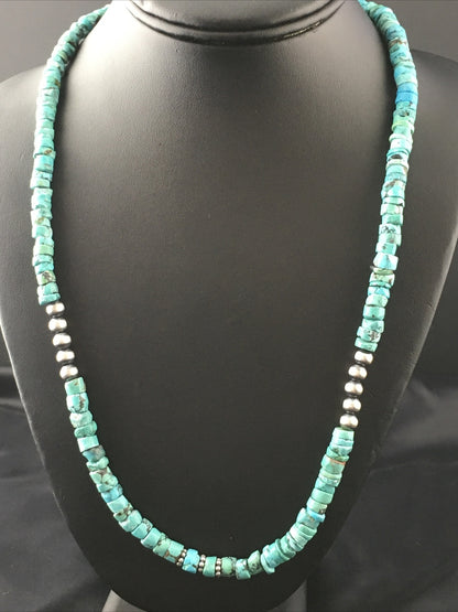 Blue Turquoise 7mm Heishi Bead Navajo Sterling Silver Necklace 1498