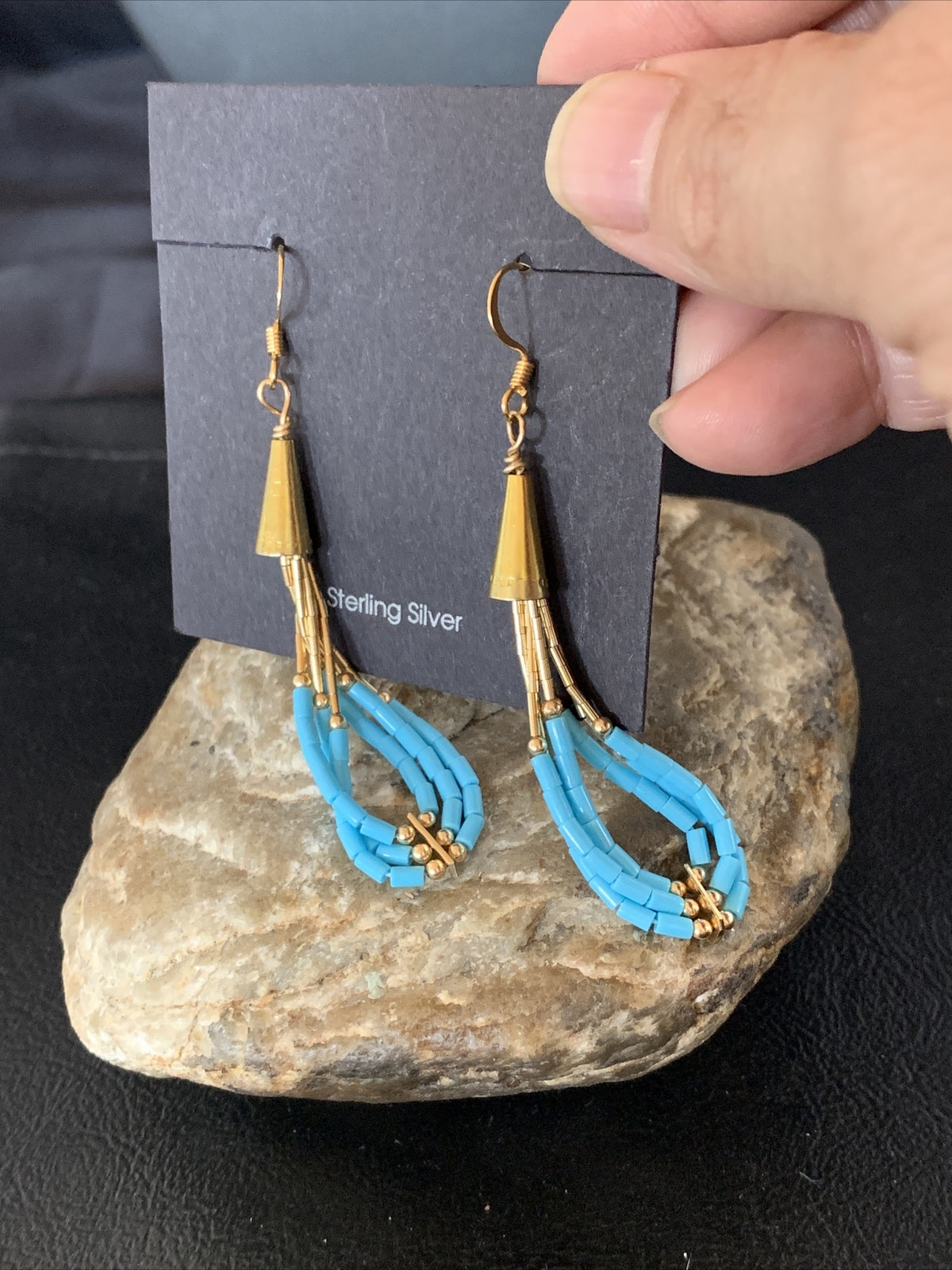 Blue Turquoise Liquid Gold Filled Tubes Dangle Heishi Earrings 2" 13030