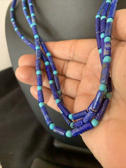 Lapis & Turquoise Tube Beads 3 Strands Navajo Sterling Silver Necklace 12701