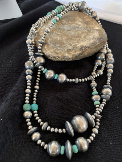 Native Sterling Silver Beads Royston Turquoise 48in Necklace 01401