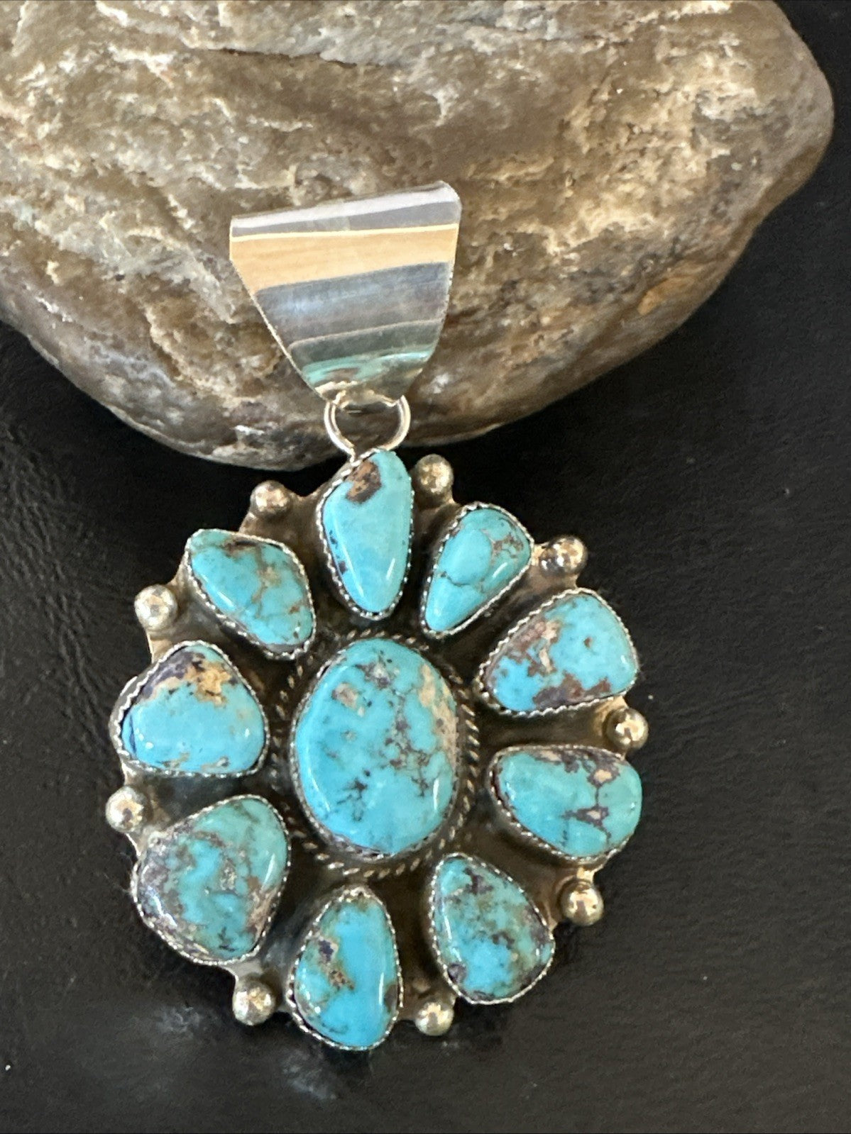 New Cluster  Blue Turquoise Navajo Sterling Silver Pendant 2.75” 19118