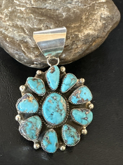 New Cluster  Blue Turquoise Navajo Sterling Silver Pendant 2.75” 19118