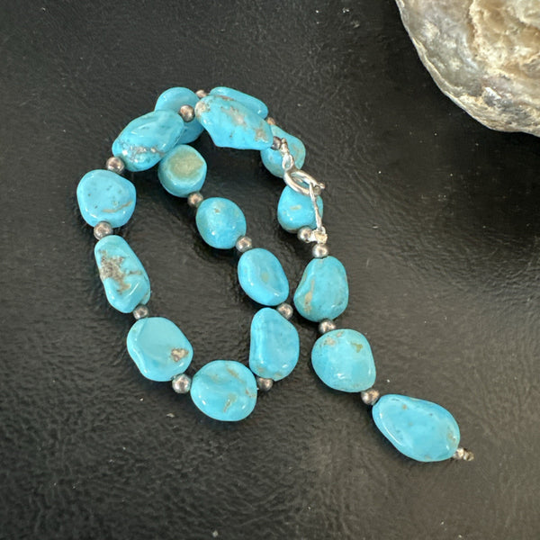 Blue Sleeping Beauty Nugget Turquoise Navajo Bracelet 7.5" | Sterling Silver | Authentic Native American Handmade | 18608
