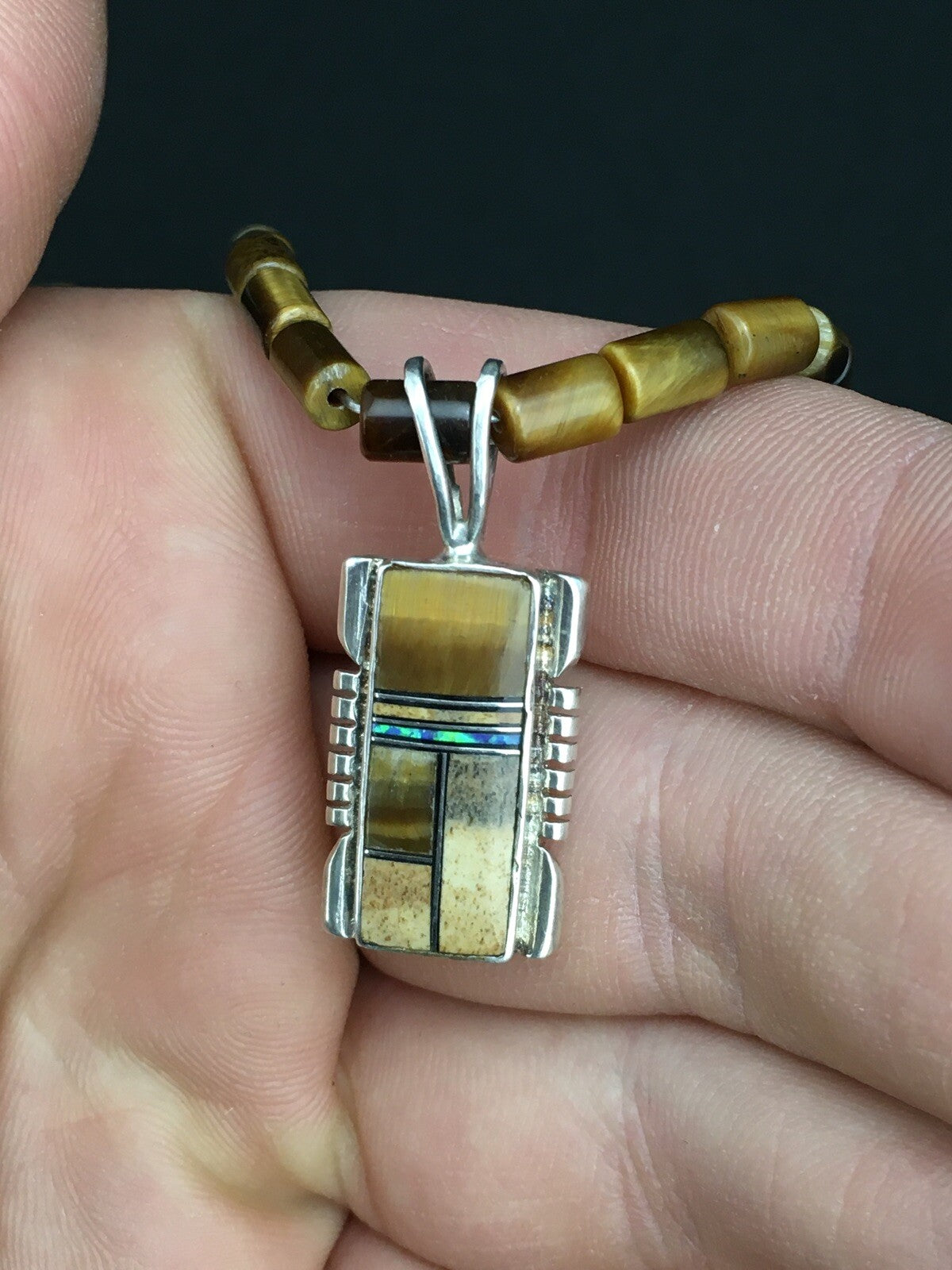 Native Tiger's Eye Inlay Pendant Navajo Sterling Silver 21" Necklace 4895