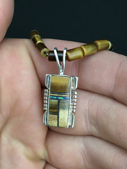 Native Tiger's Eye Inlay Pendant Navajo Sterling Silver 21" Necklace 4895