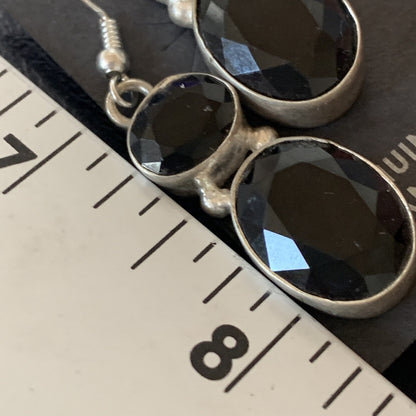 Native Black Smokey Quartz Navajo Sterling Silver Dangle Drop Earrings 12686