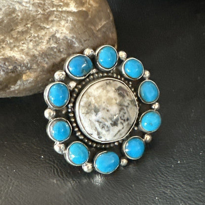 White Buffalo Kingman Turquoise Navajo Sterling Silver Cluster Ring Size 9 18396