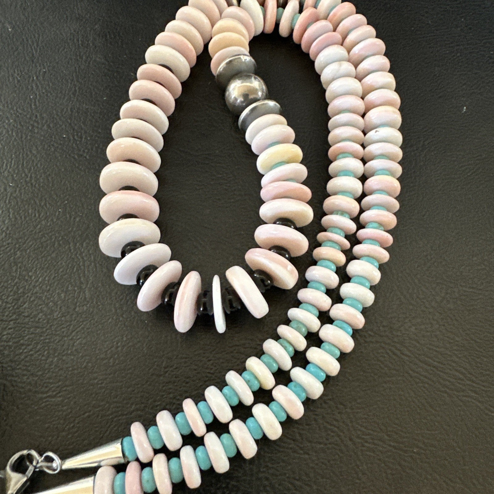 Pink Queen Conch Turquoise Graduated Navajo Sterling Silver Necklace 24” 19016