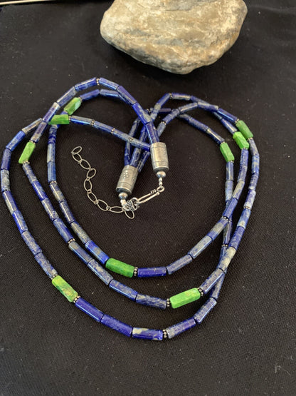 Mens Navajo Lapis Green Turquoise 3 Strands Sterling Silver 21" Necklace 8370