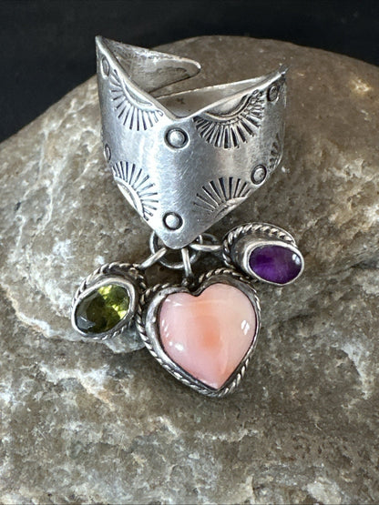 Heart Pink Conch Cluster Spiny Stamped Ring Adjustable Navajo Sz 7.5 19202