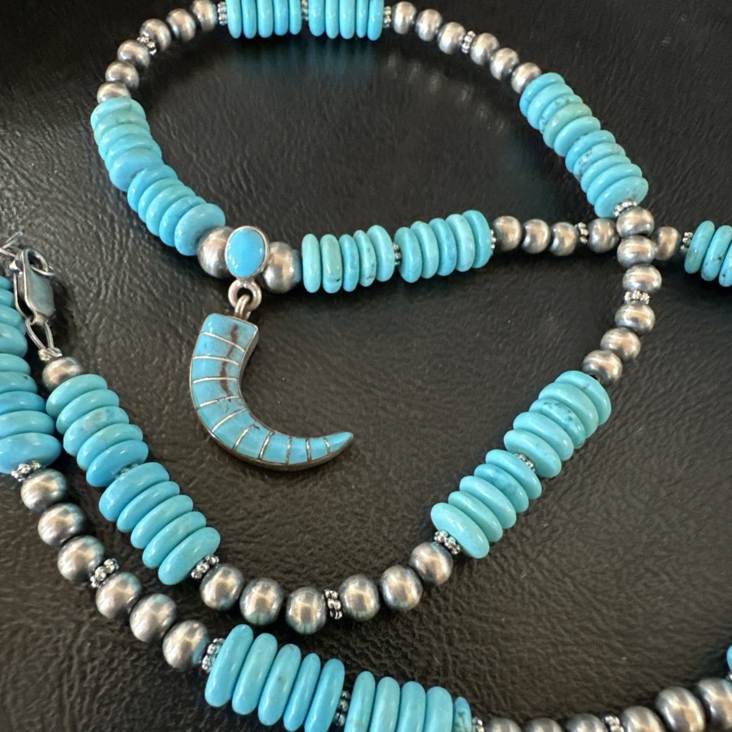 Blue Turquoise Inlay Pendant Navajo Sterling Silver Necklace 19515