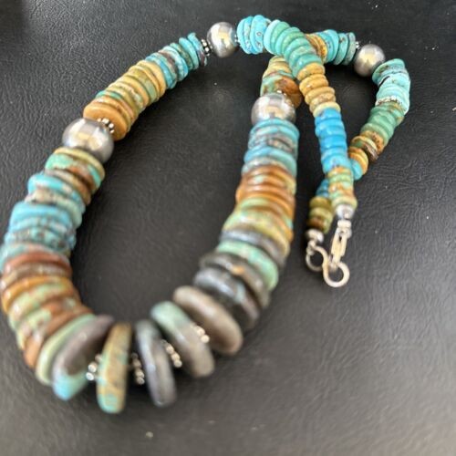 Navajo Blue Green Turquoise Bead Necklace Sterling Silver 20" 14239
