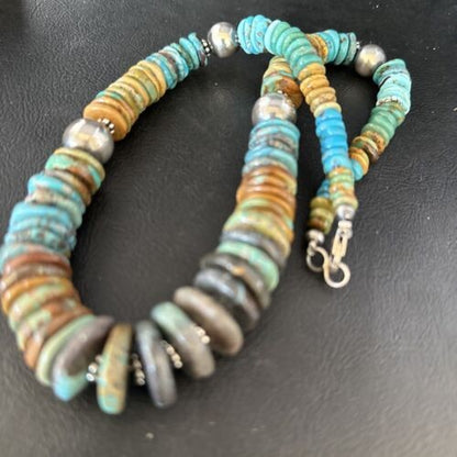 Navajo Blue Green Turquoise Bead Necklace Sterling Silver 20" 14239