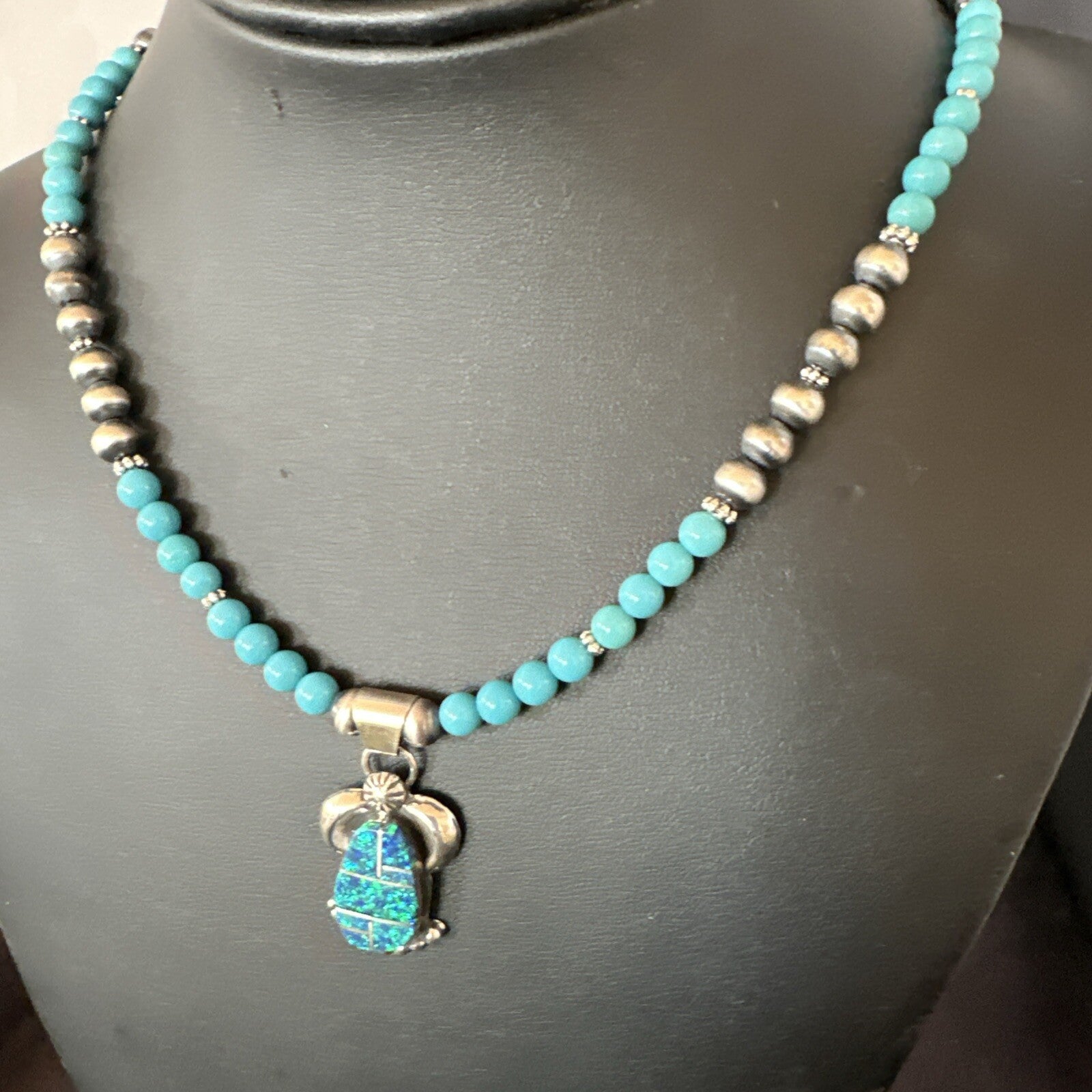 Blue Opal Pendant Turquoise Navajo Sterling Silver Necklace 23" 18736