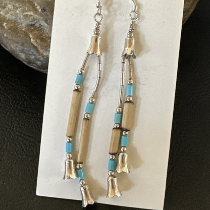 Blue Turquoise Shell Heishi Liquid Sterling Silver Dangle Bead Earrings 17934