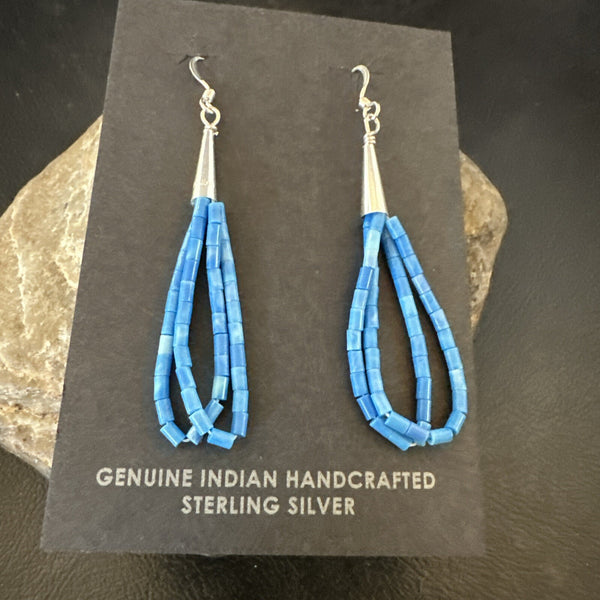 Blue Denim Lapis 2S Heishi Liquid Dangle Earrings | Sterling Silver | Authentic Native American Handmade | 17874