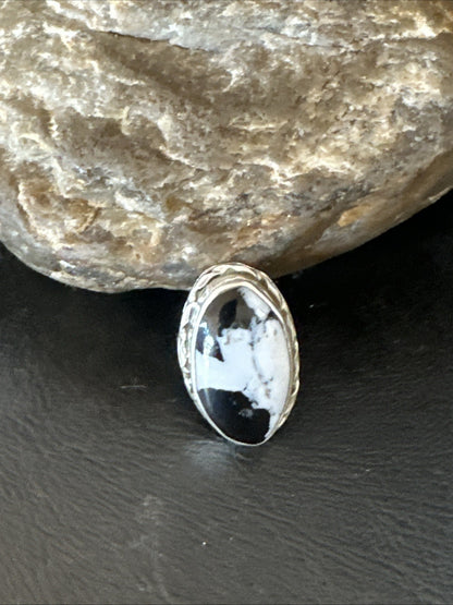 Black White Buffalo Turquoise Navajo Sterling Silver Ring Size 7 19806