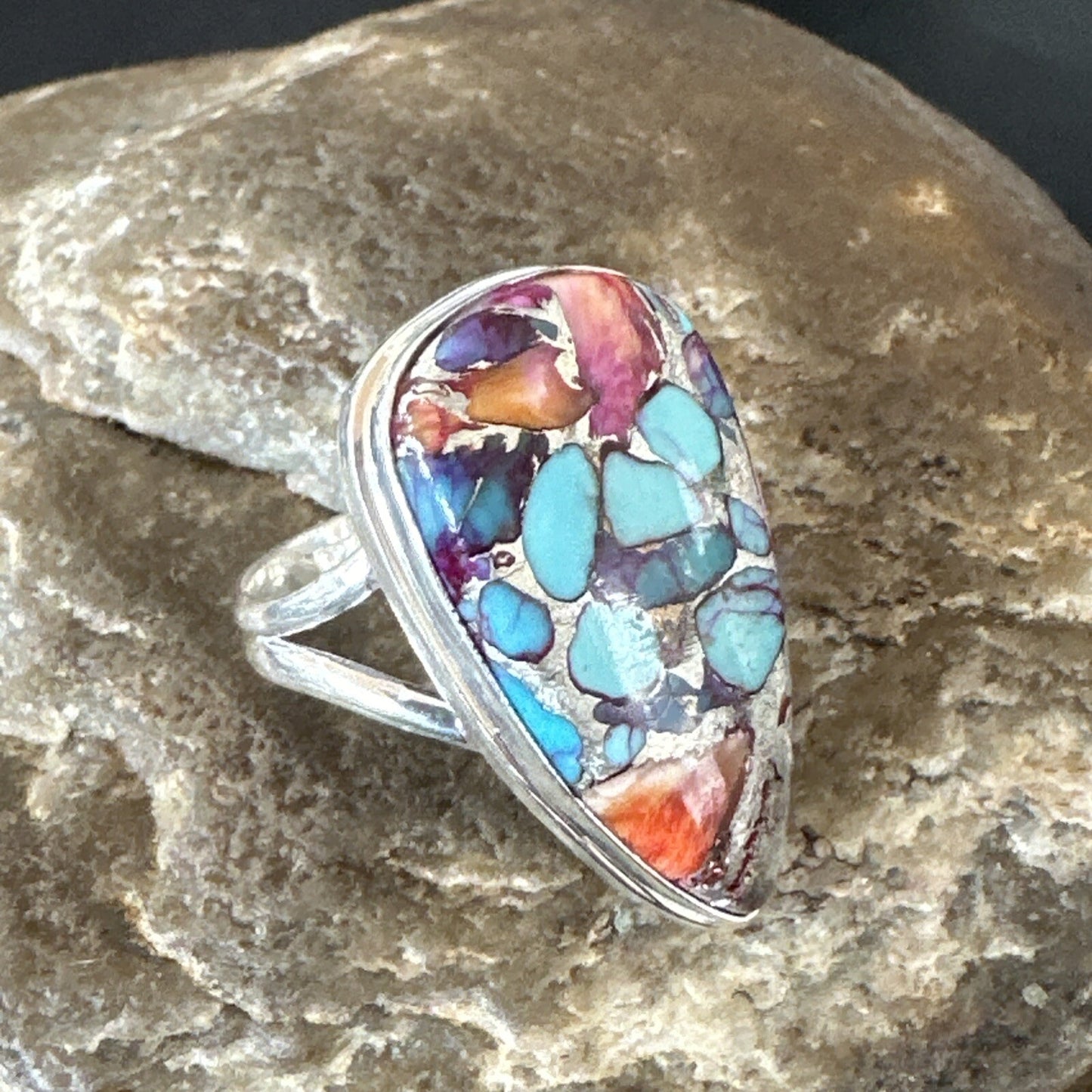 Blue Turquoise Spiny Oyster Navajo Sterling Silver Ring Size 7 18226