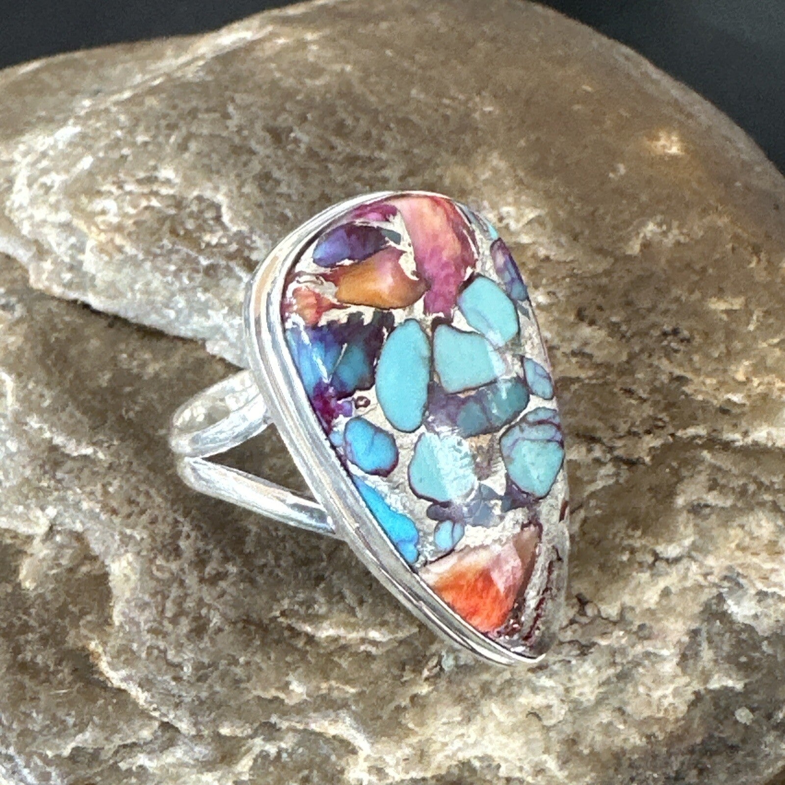 Blue Turquoise Spiny Oyster Navajo Sterling Silver Ring Size 7 18226