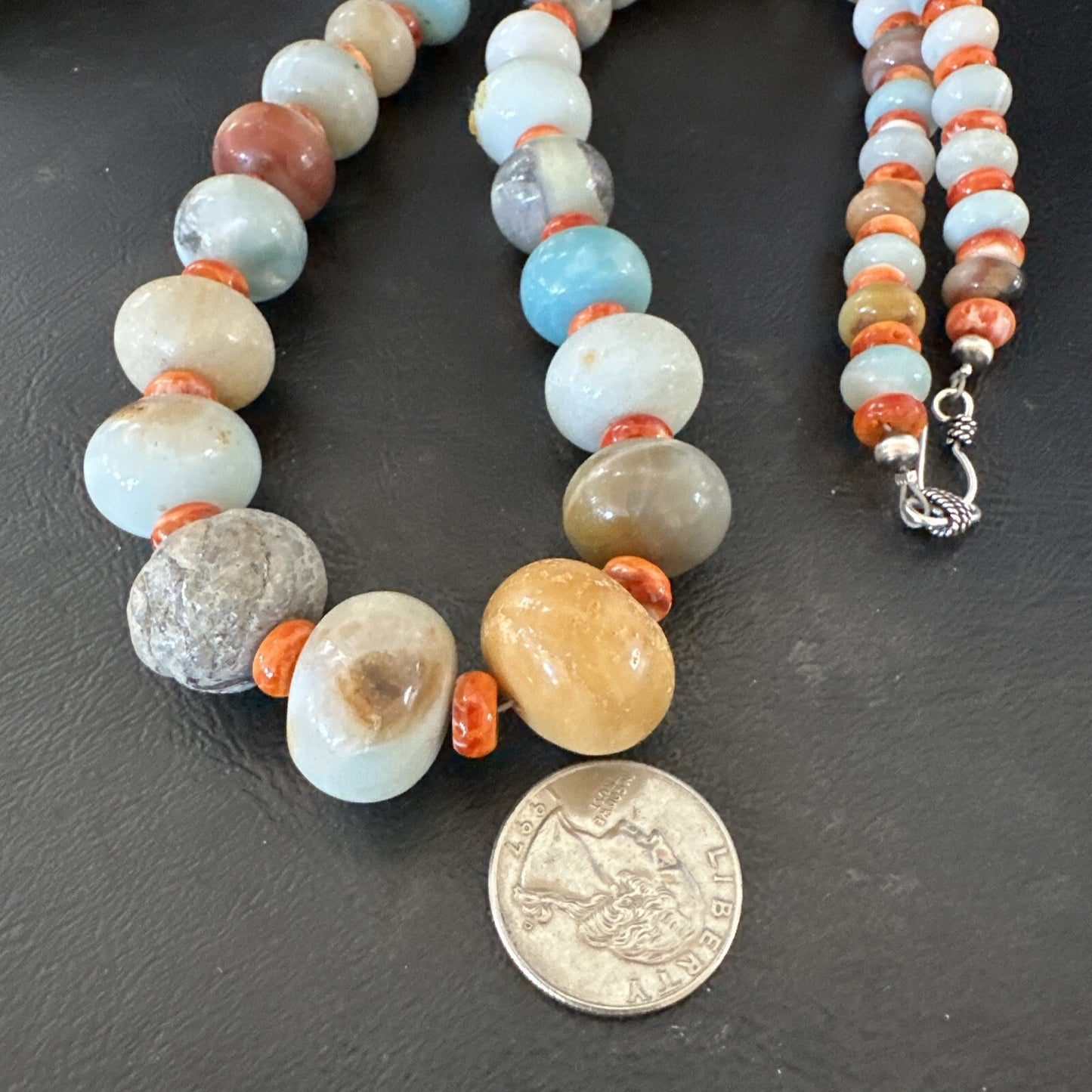 Blue Amazonite Orange Spiny Navajo Sterling Silver Bead Necklace 23” 17831