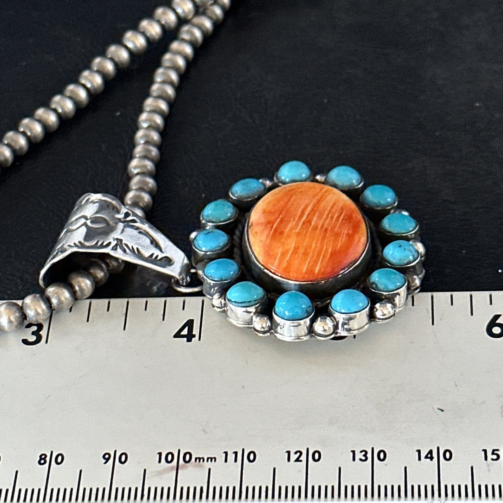 Blue Cluster Kingman Turquoise Sterling Orange Spiny Oyster Pendant 14353