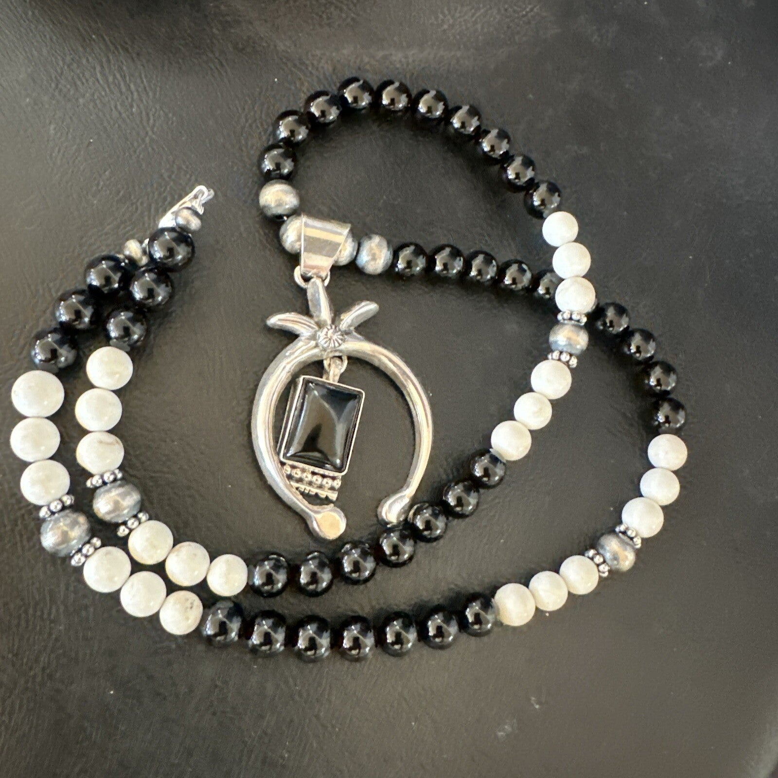 Mens Black Onyx Howlite Naja Pendant Navajo Sterling Silver Necklace 23” 17687