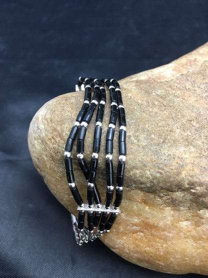 Black Onyx Heishi 5 Strand Southwestern Liquid Sterling Silver Bracelet 7" 02932
