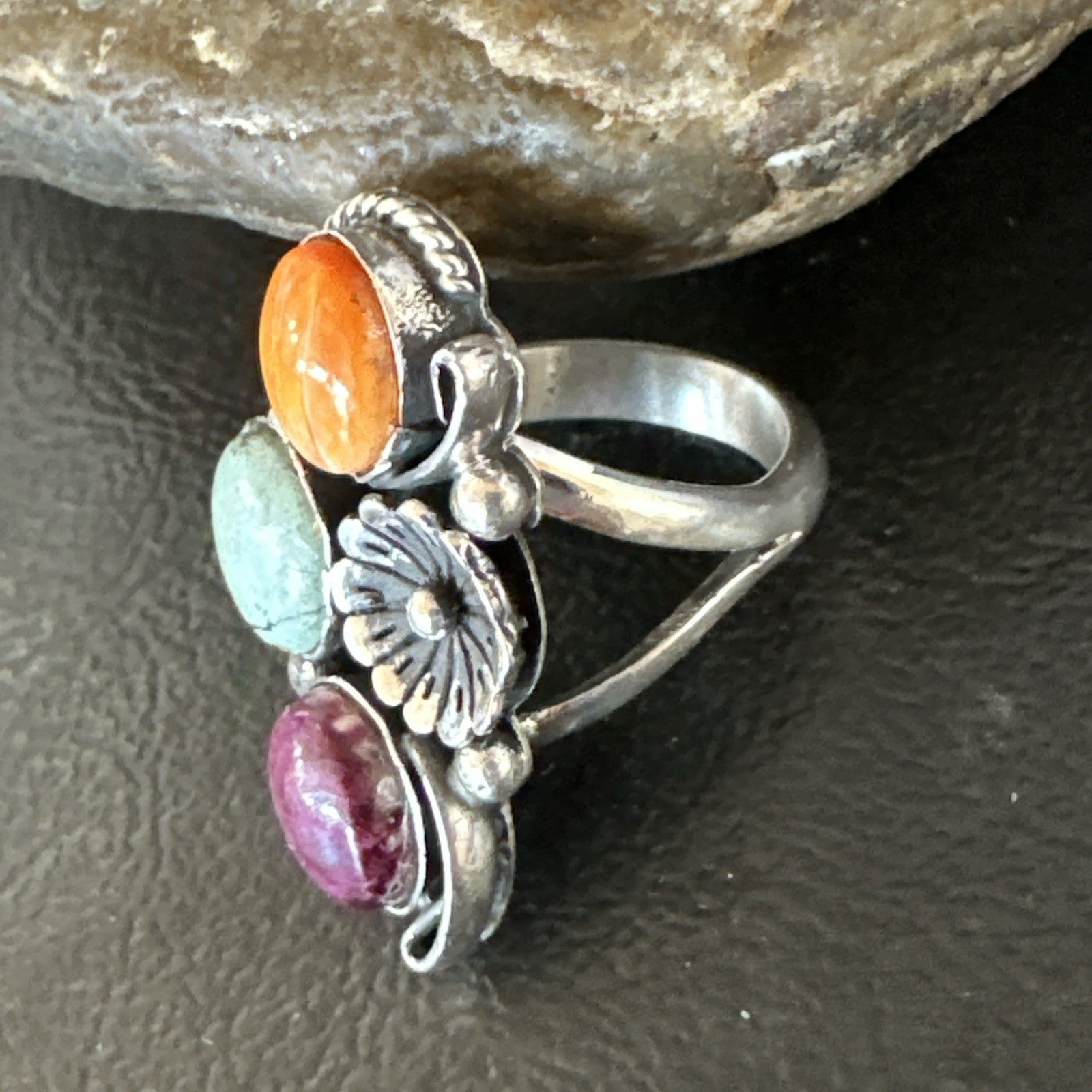 Multicolor Ring Turquoise Spiny Navajo Sterling Silver Cluster Size 8 19170