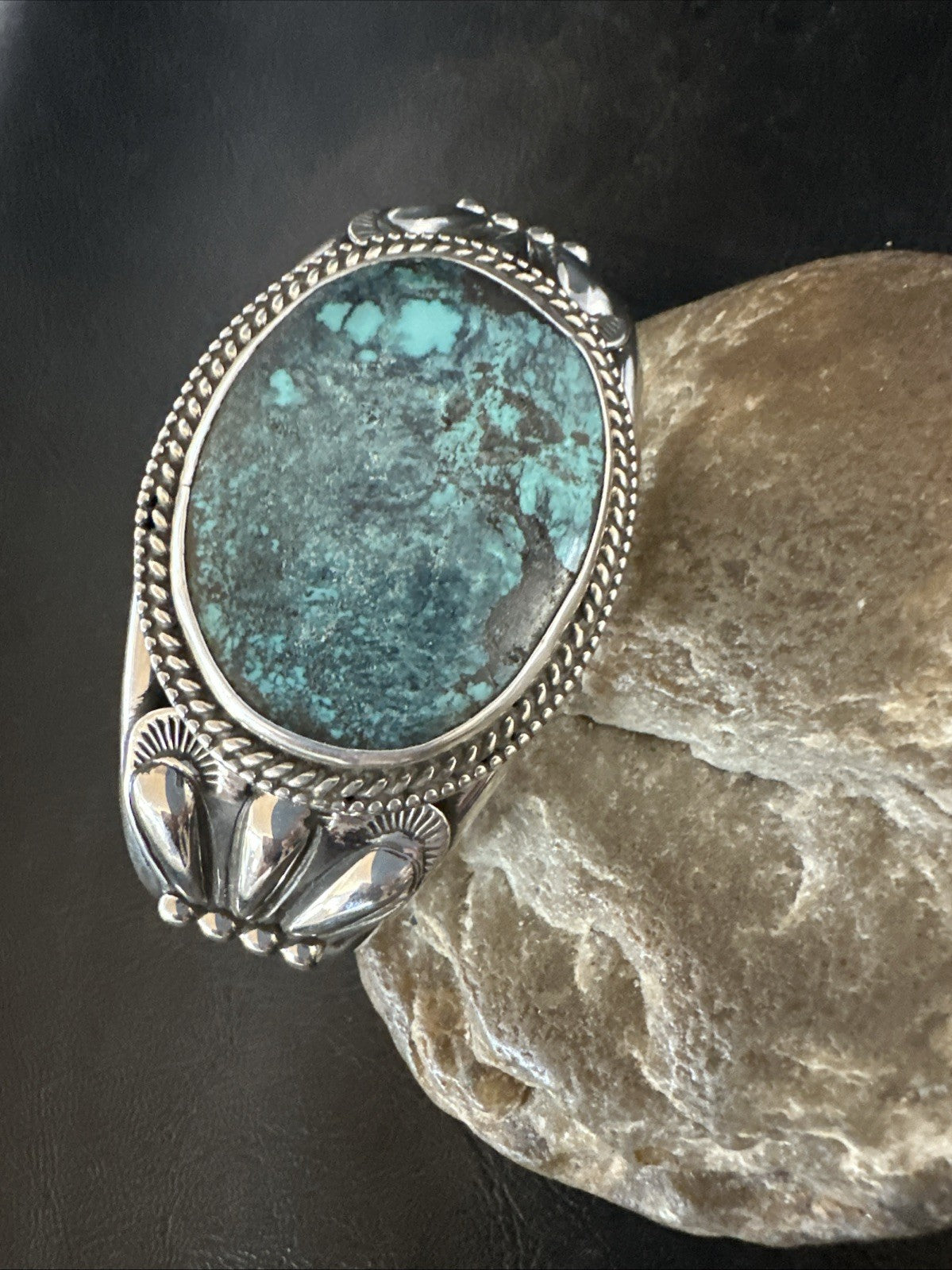 H Joe Blue Spiderweb Turquoise Navajo Sterling Silver Cuff Bracelet 8.2" 19424