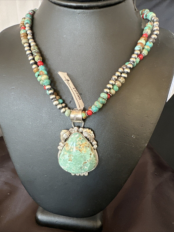 Women's Green Royston Turquoise Pendant Navajo Necklace | Sterling Silver | Authentic Native American Handmade | 12290