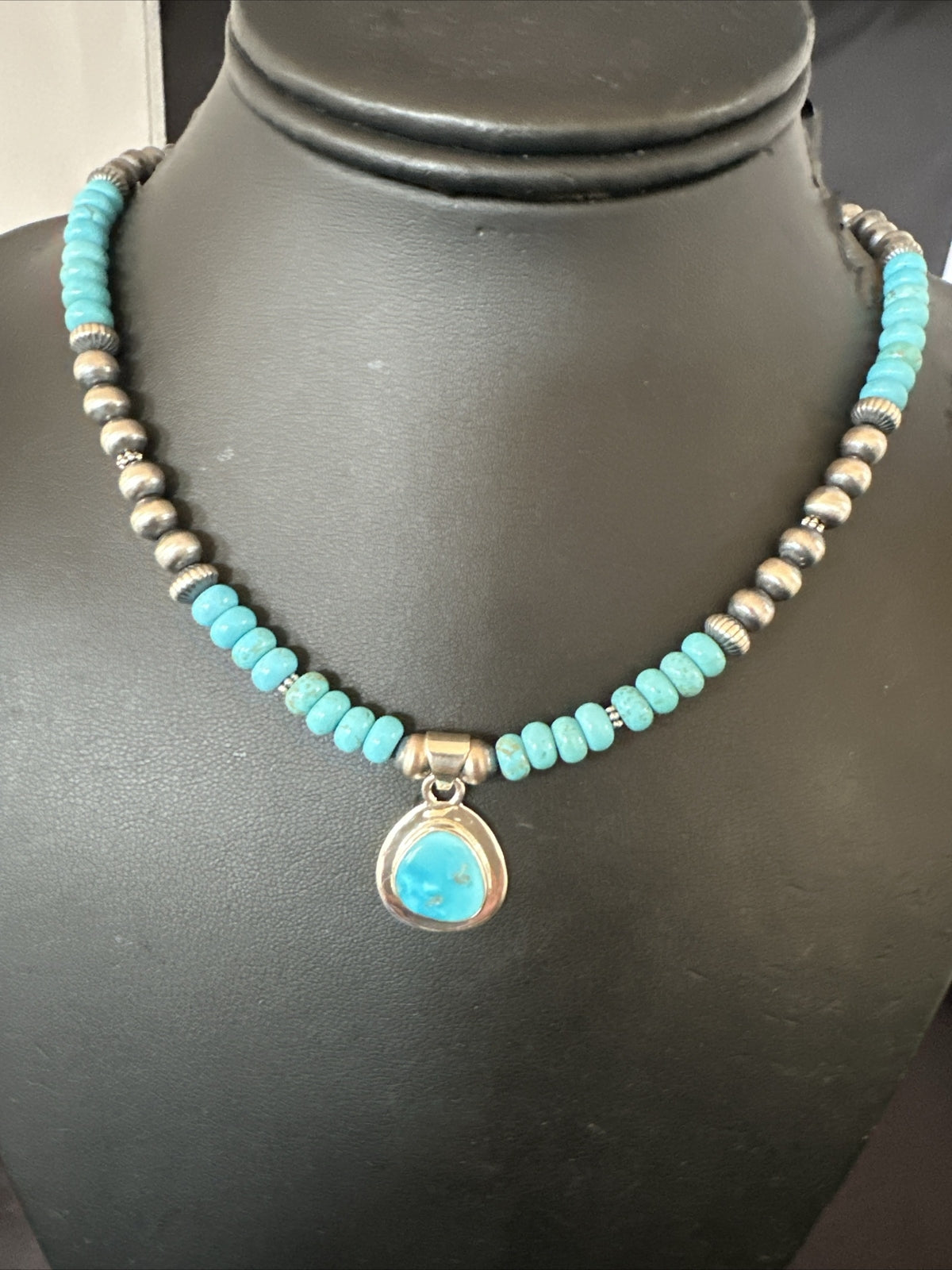 Mens Blue Kingman Turquoise Pendant Navajo Sterling Silver Necklace 21" 17901