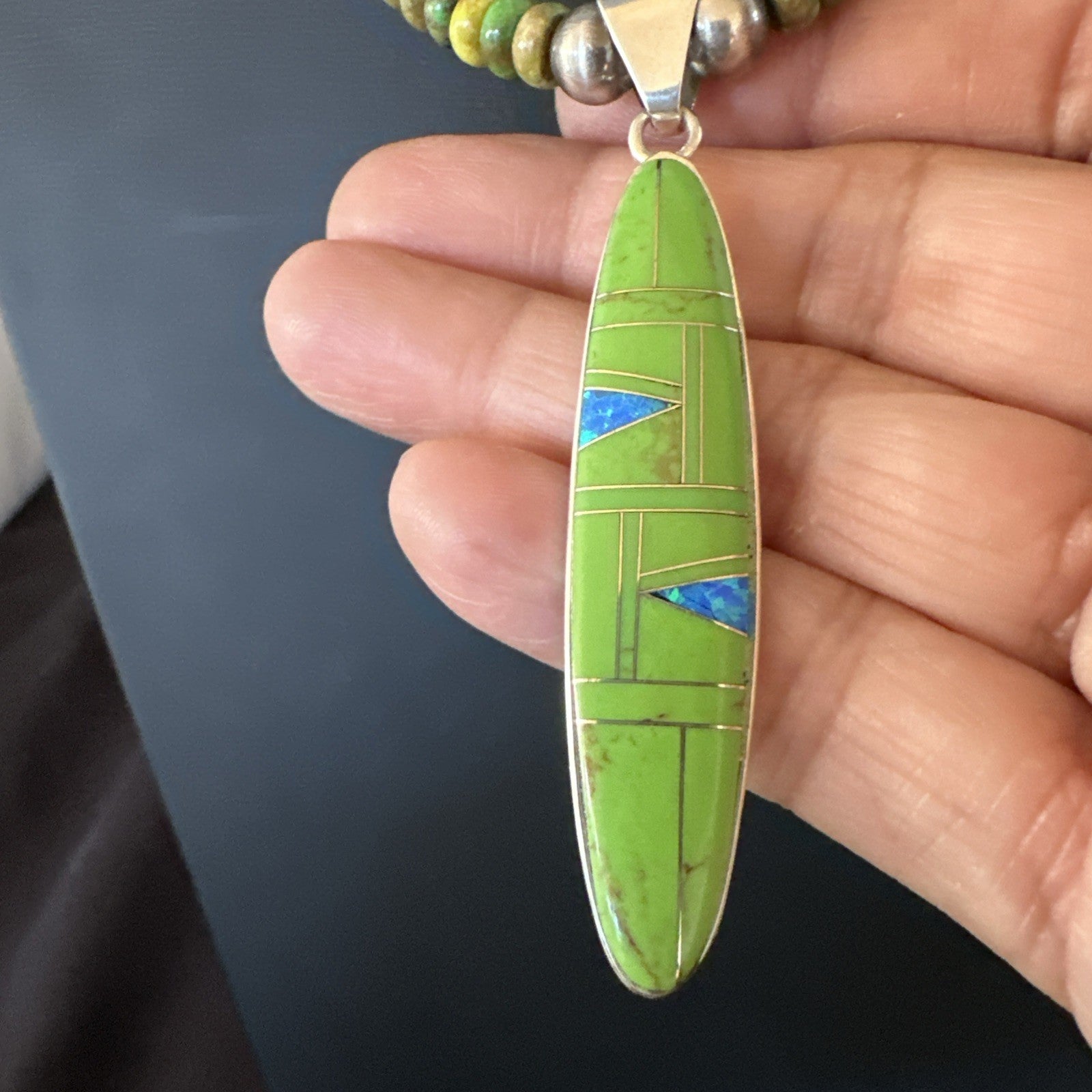 Womens Green Gaspeite Turquoise Opal Pendant Sterling Silver Necklace 19549