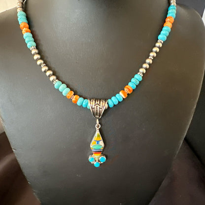 Multicolor Turquoise Pendant Navajo Sterling Silver Beads Necklace 18730