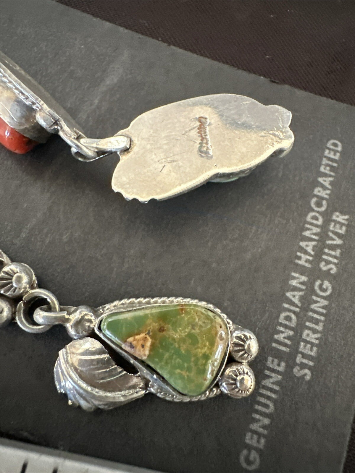 Green Royston Turquoise Red Coral Navajo Sterling Silver Dangle Earrings 1634