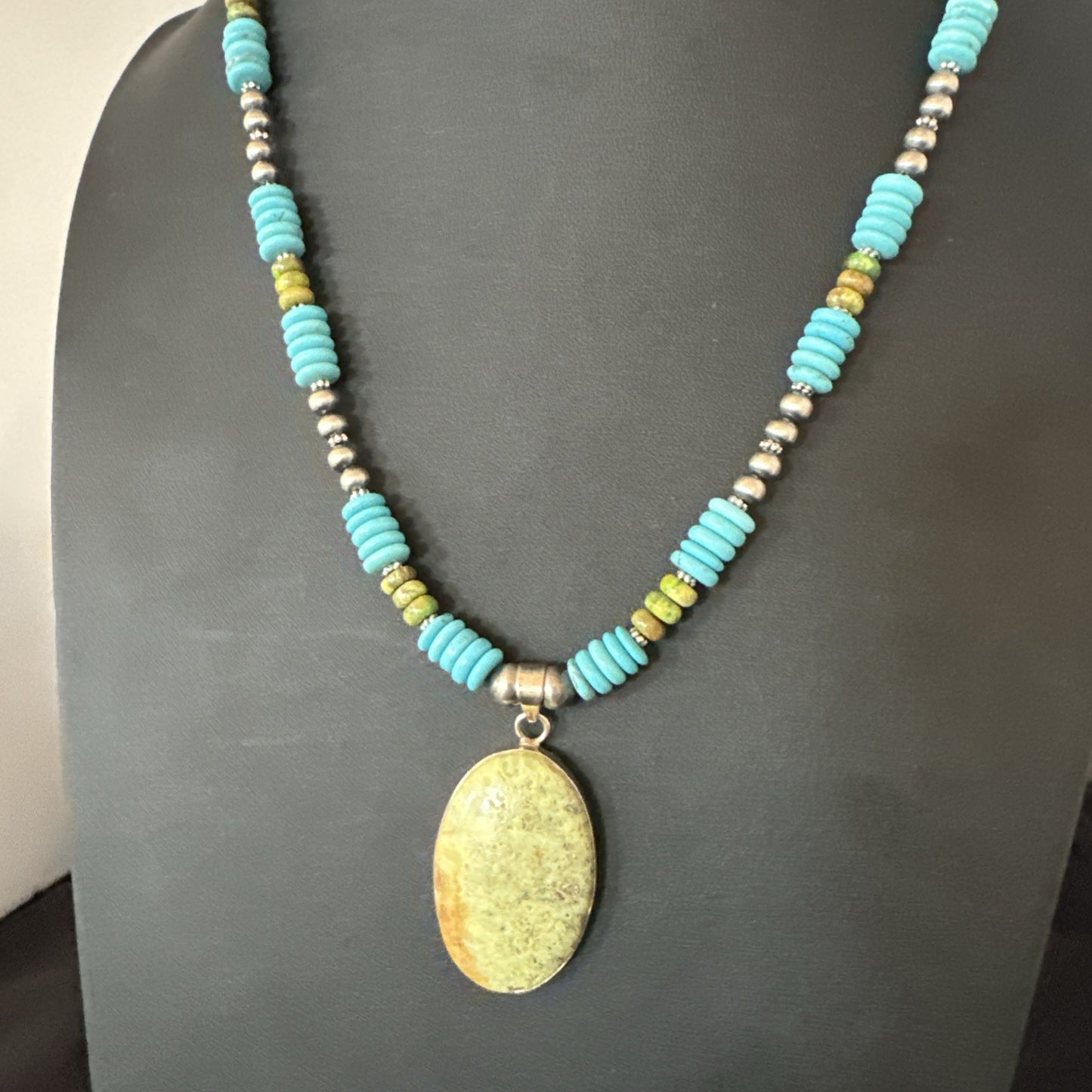 Green Gaspeite Pendant Blue Turquoise Navajo Sterling Silver Necklace 20" 19668