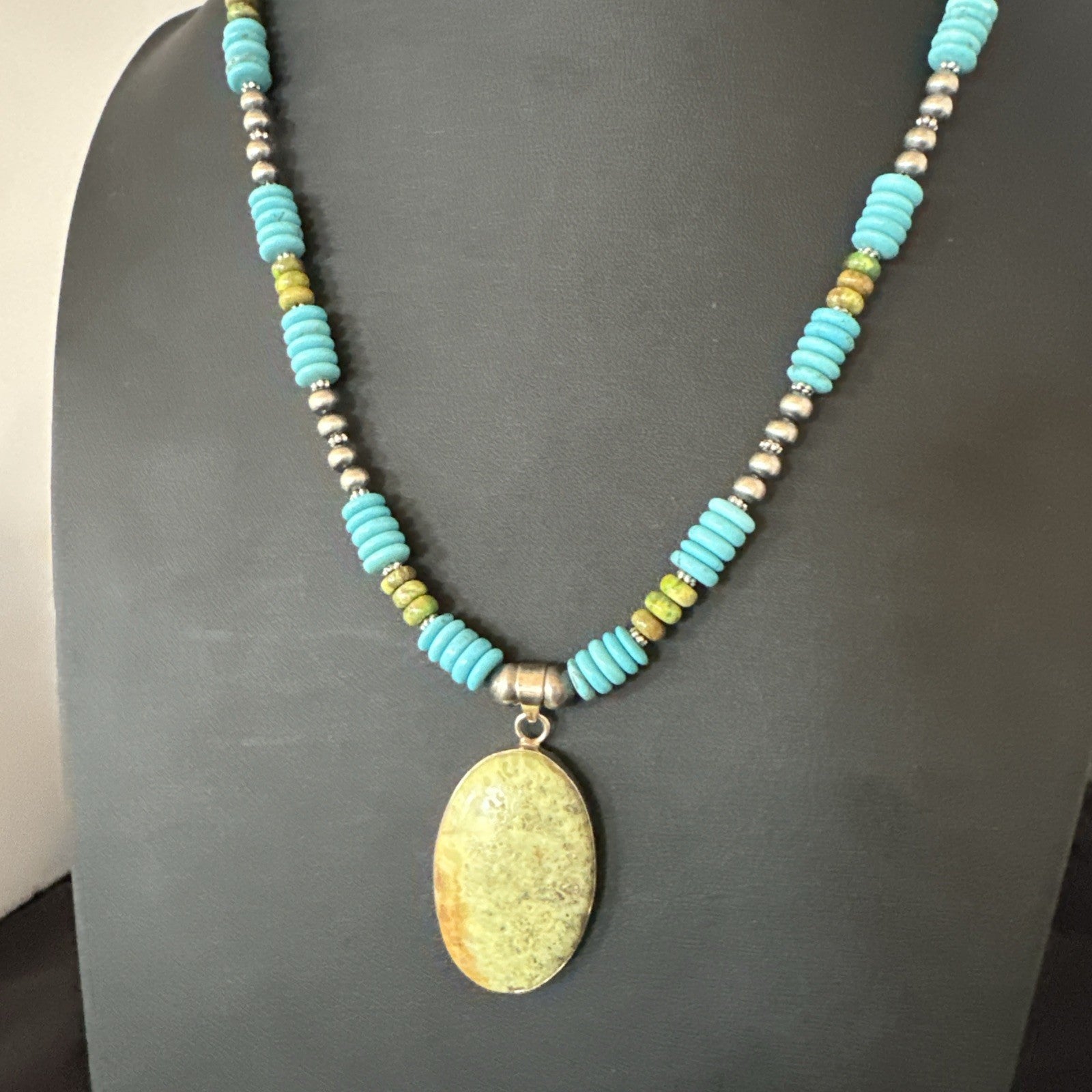Green Gaspeite Pendant Blue Turquoise Navajo Sterling Silver Necklace 20" 19668