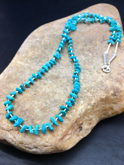 Blue Nugget Turquoise Navajo Sterling Silver Heishi Necklace 19" 08959