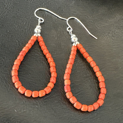 Red Coral Southwestern Sterling Silver Earrings 2” 18837