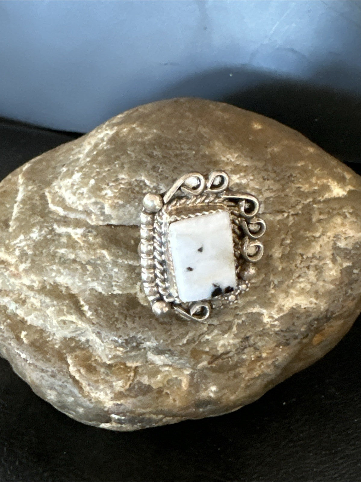 Black White Buffalo Turquoise Navajo Sterling Silver Ring Size 7 19807