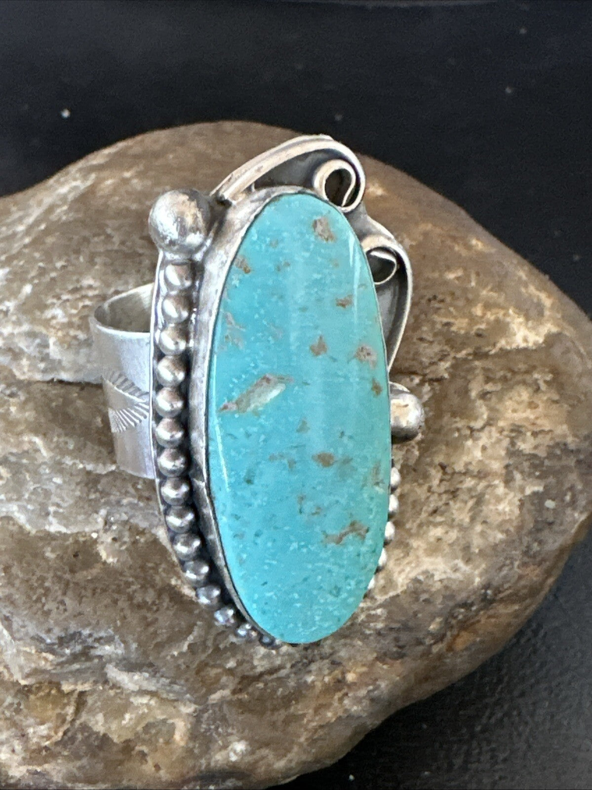 Navajo Sterling Silver Blue Turquoise Stamped Ring Size 11 18771